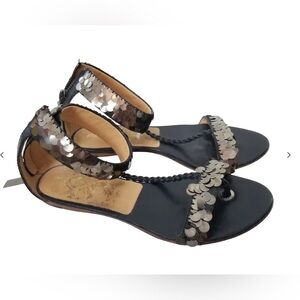 NWOT L.A.M.B. BLACK PATENTED LEATHER GUNMETAL‎ SEQUIN SANDAL​​​​​